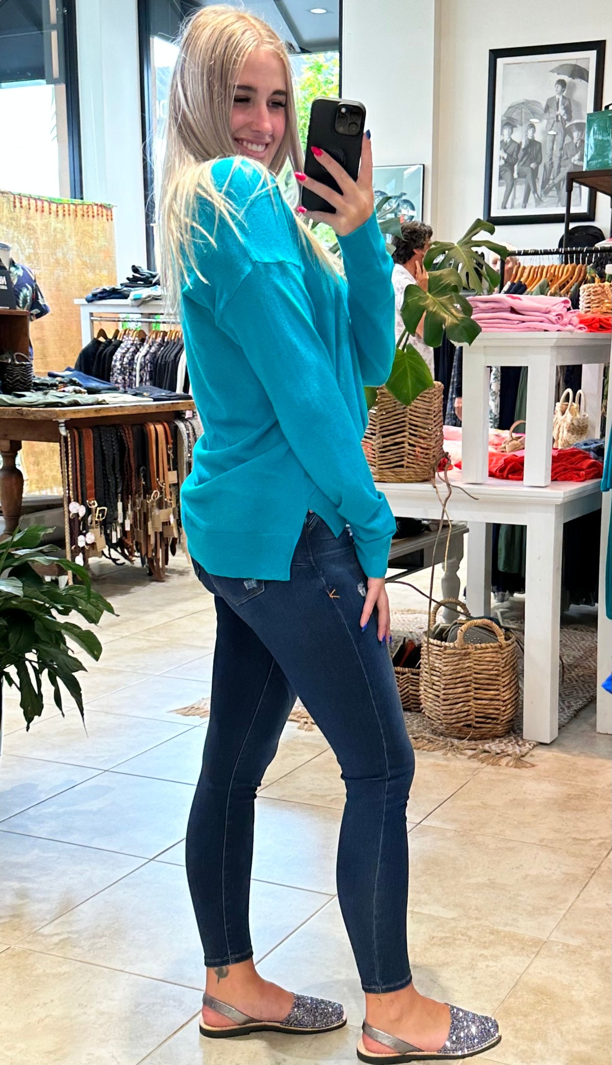 Rachel V-Neck Knit Top Aqua Blue