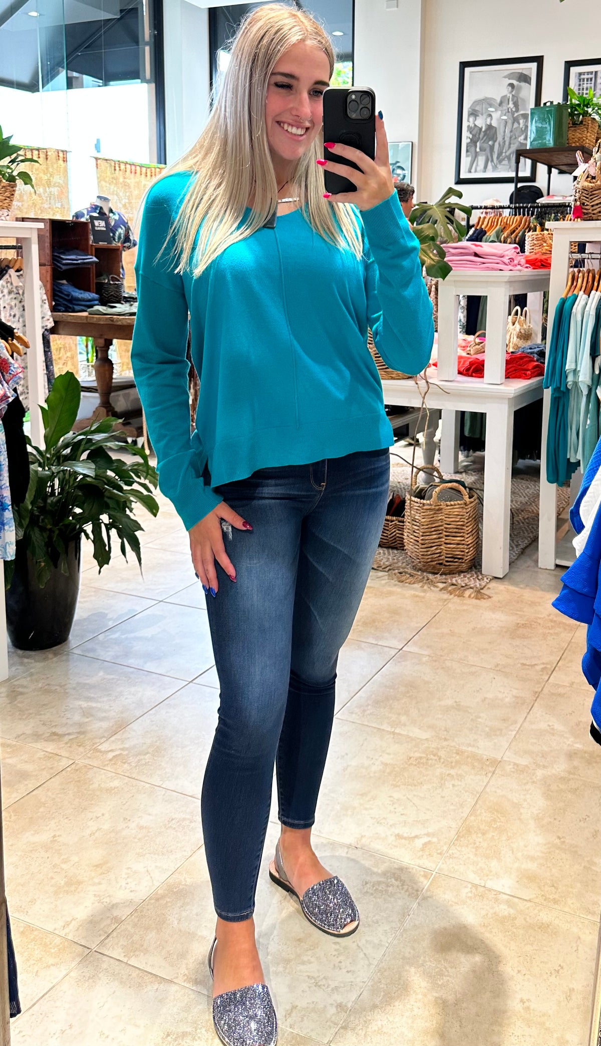 Rachel V-Neck Knit Top Aqua Blue