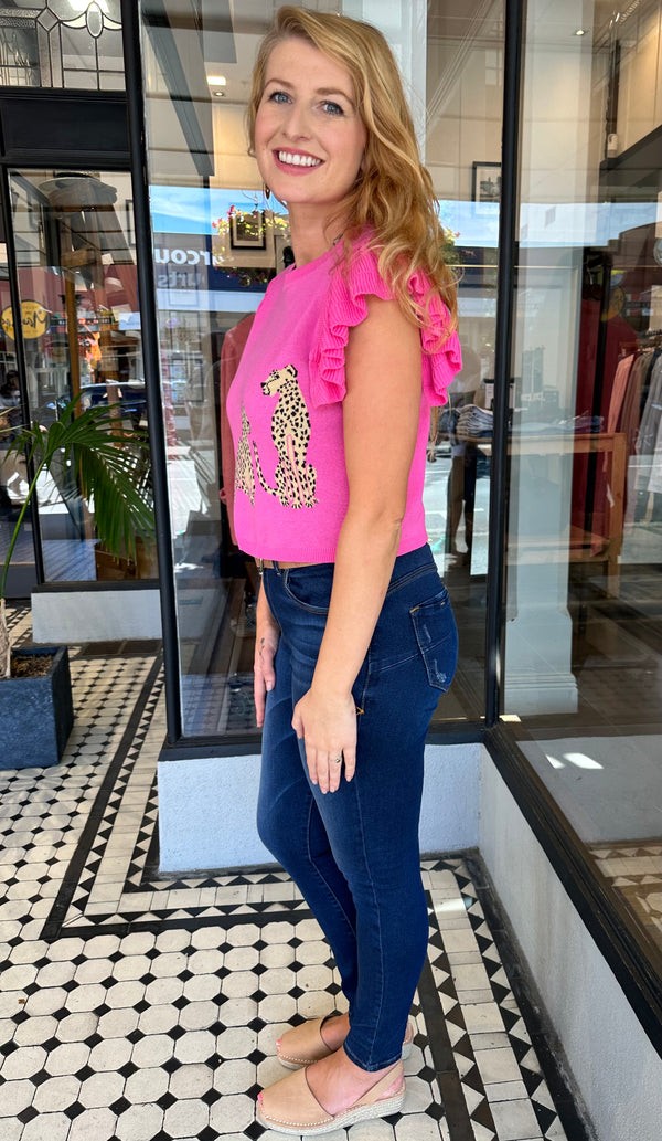 Cheetah Knit Crop Top Hot Pink