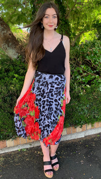 Floral Animal Pleated Midi Skirt