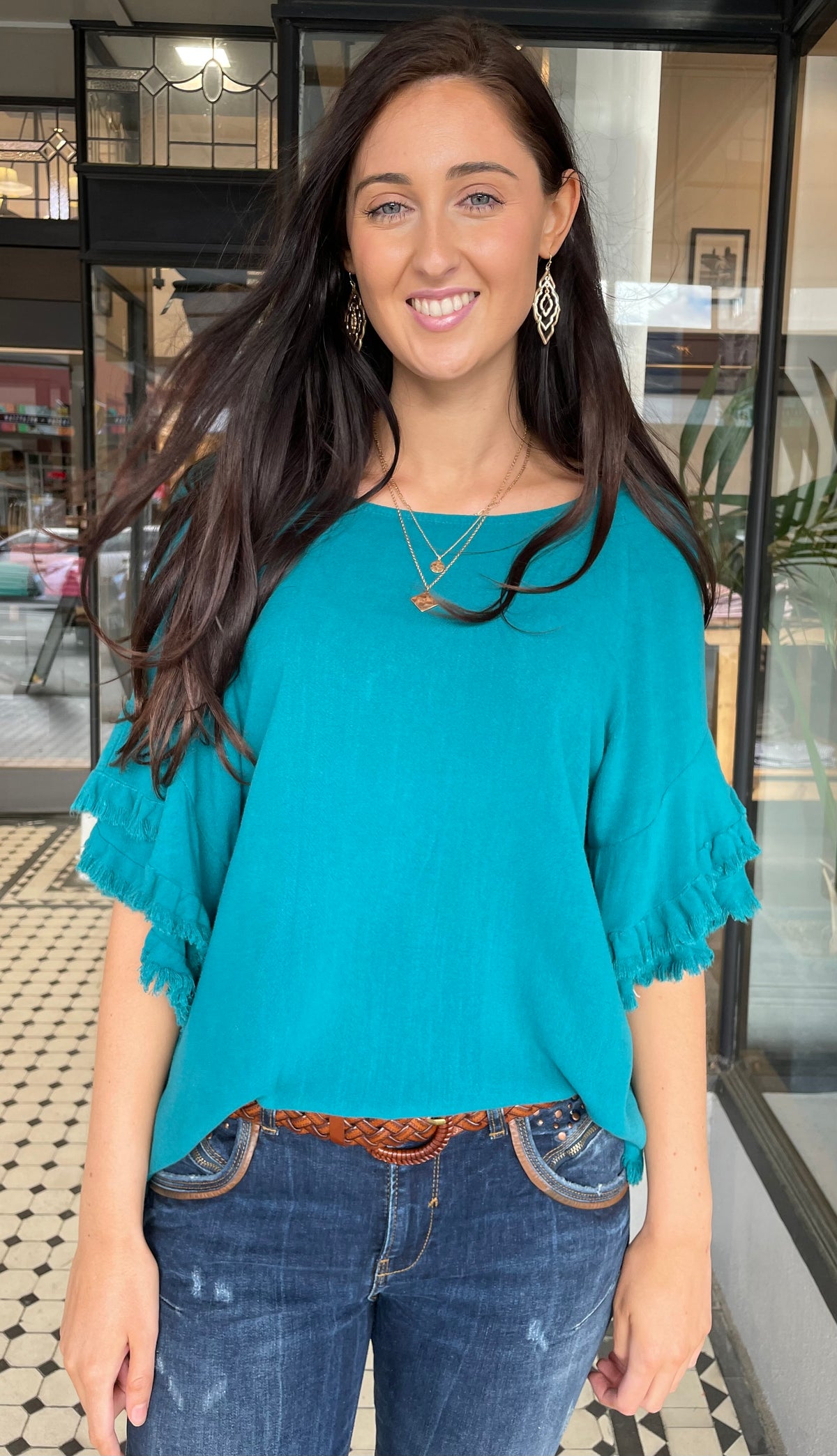 Jess Layered Sleeve Top Washed Teal