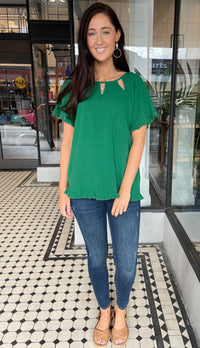 June Cut Out Neckline Linen Top Green