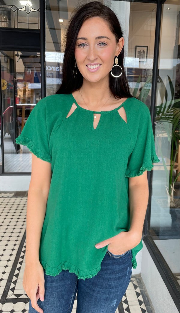 June Cut Out Neckline Linen Top Green