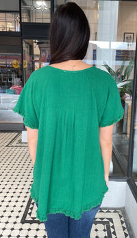 June Cut Out Neckline Linen Top Green