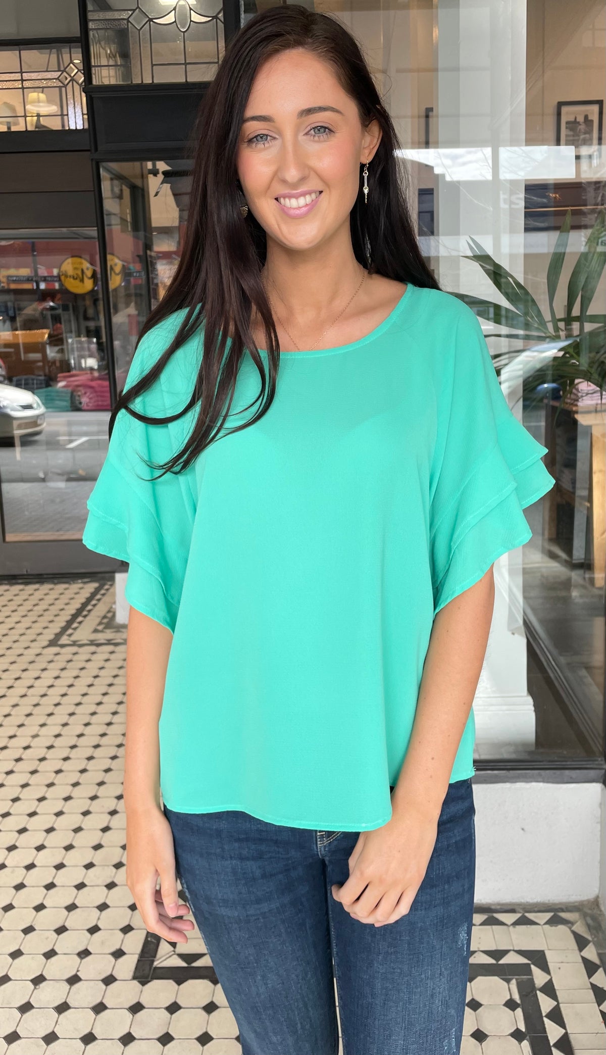 Jaz Ruffle Sleeve Top Emerald Mint