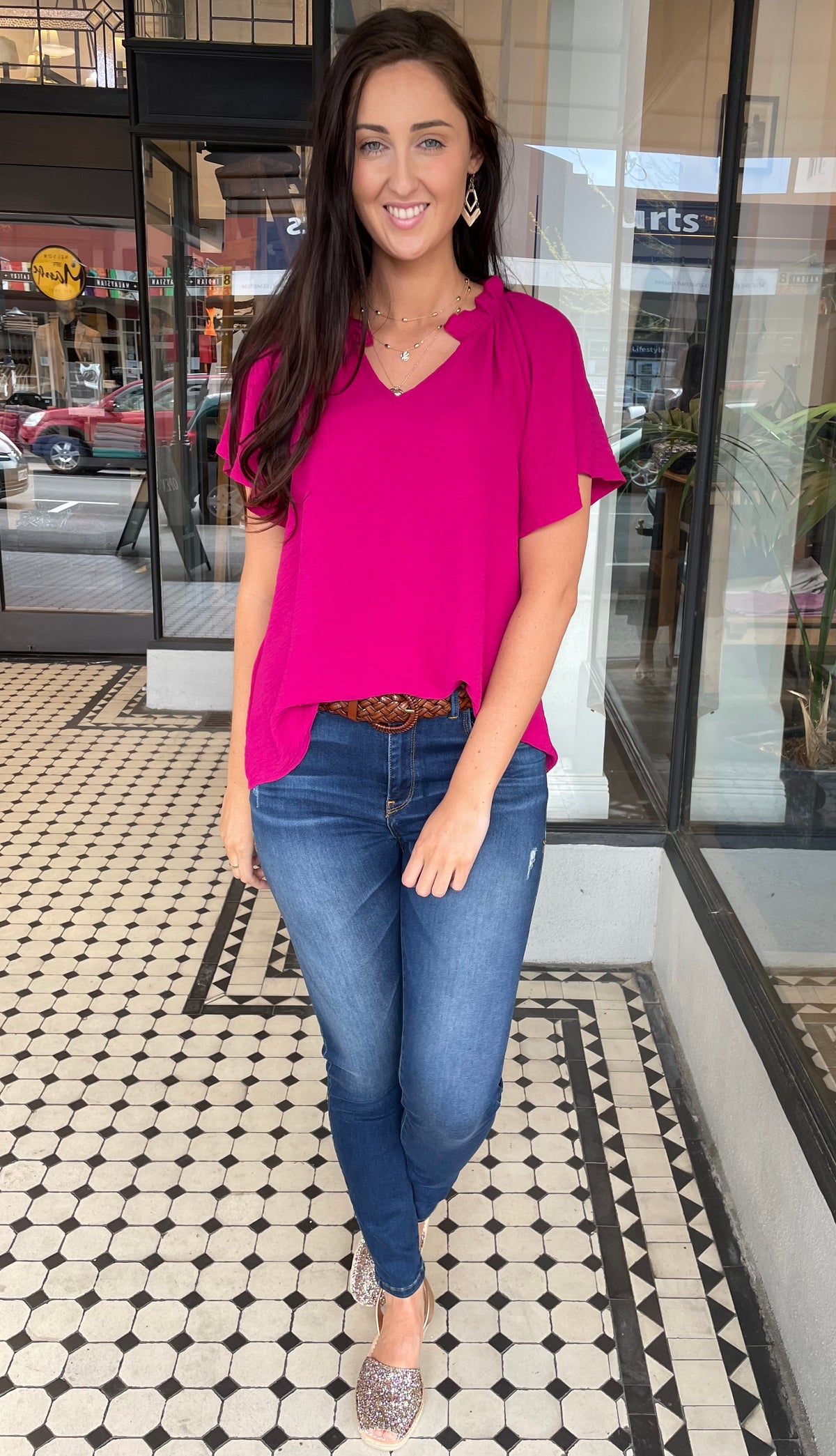 Lisa V Neck Flutter Sleeve Top Fuchsia