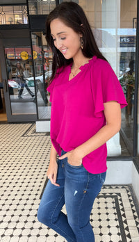 Lisa V Neck Flutter Sleeve Top Fuchsia