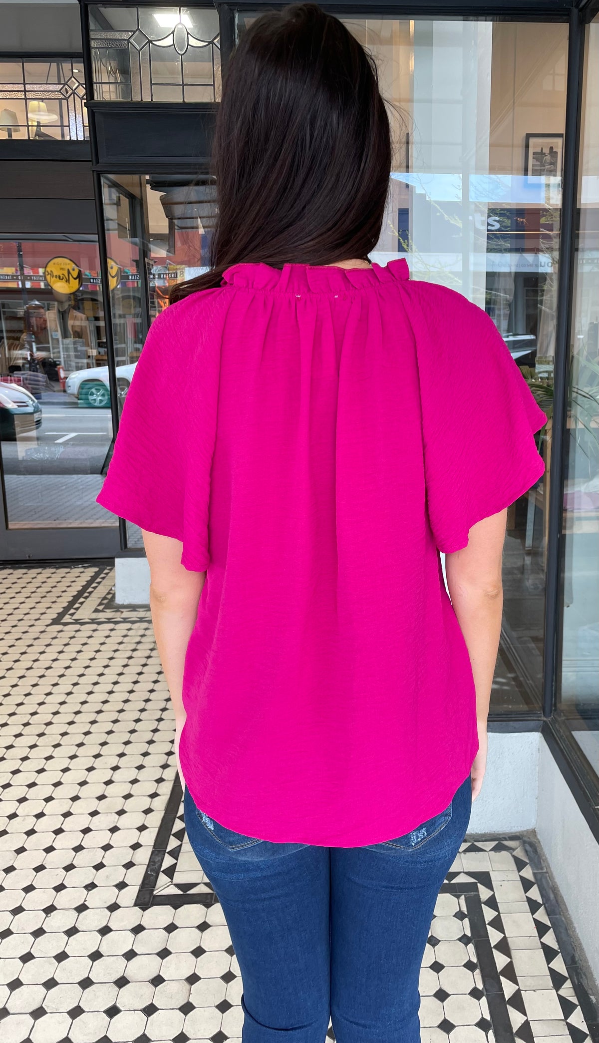 Lisa V Neck Flutter Sleeve Top Fuchsia