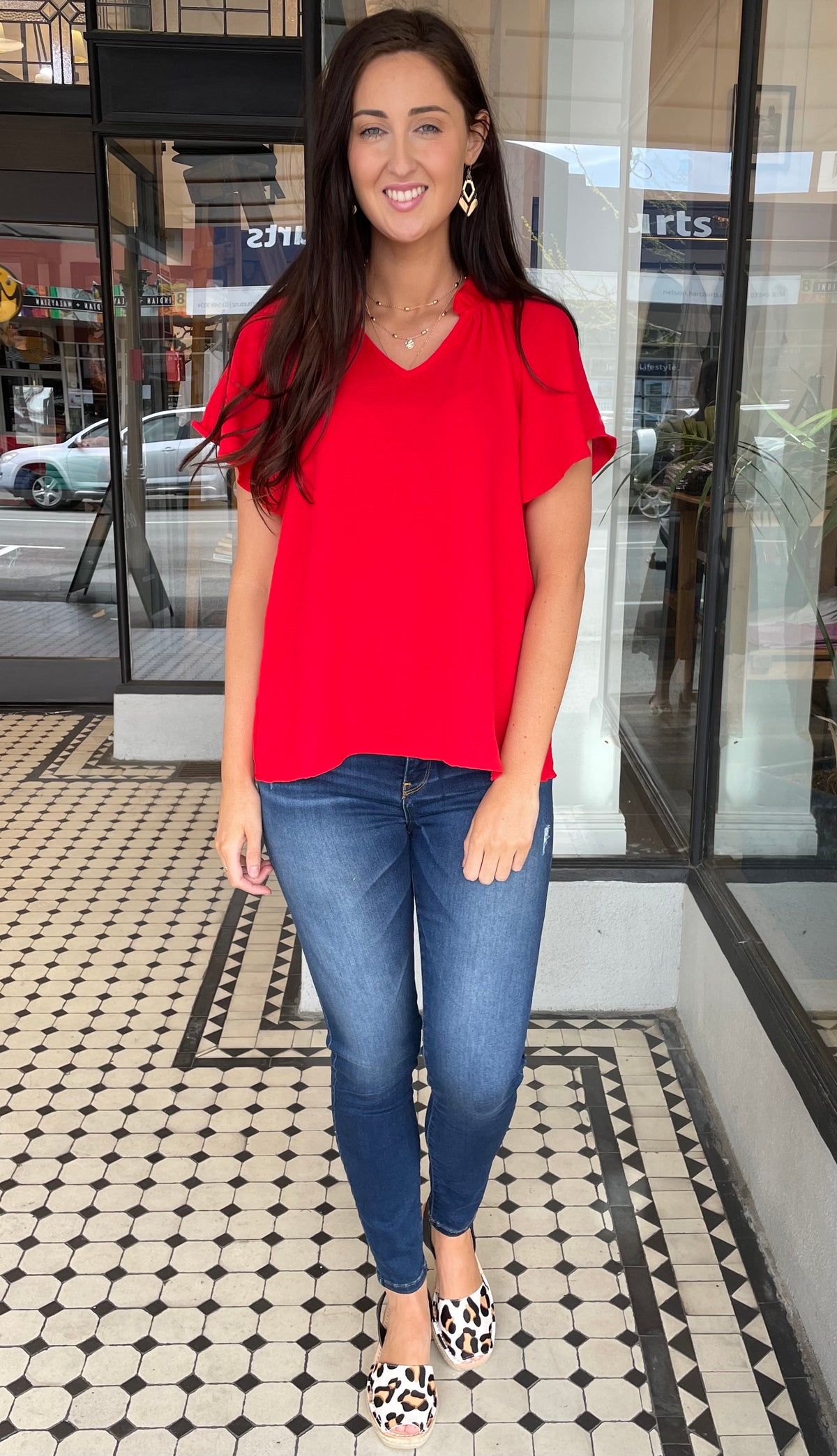 Lisa V Neck Flutter Sleeve Top Red