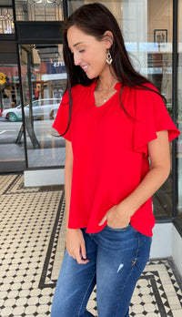 Lisa V Neck Flutter Sleeve Top Red