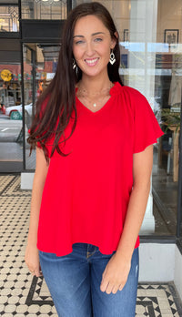 Lisa V Neck Flutter Sleeve Top Red