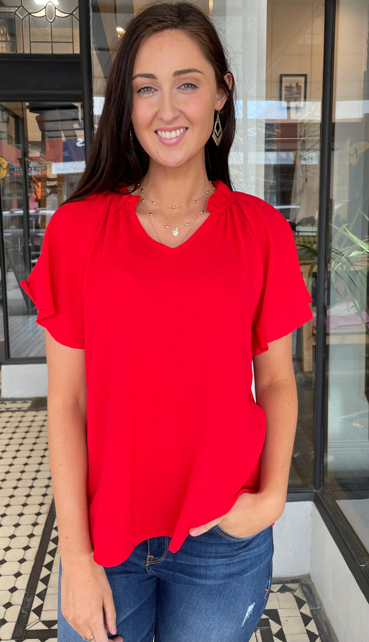 Lisa V Neck Flutter Sleeve Top Red