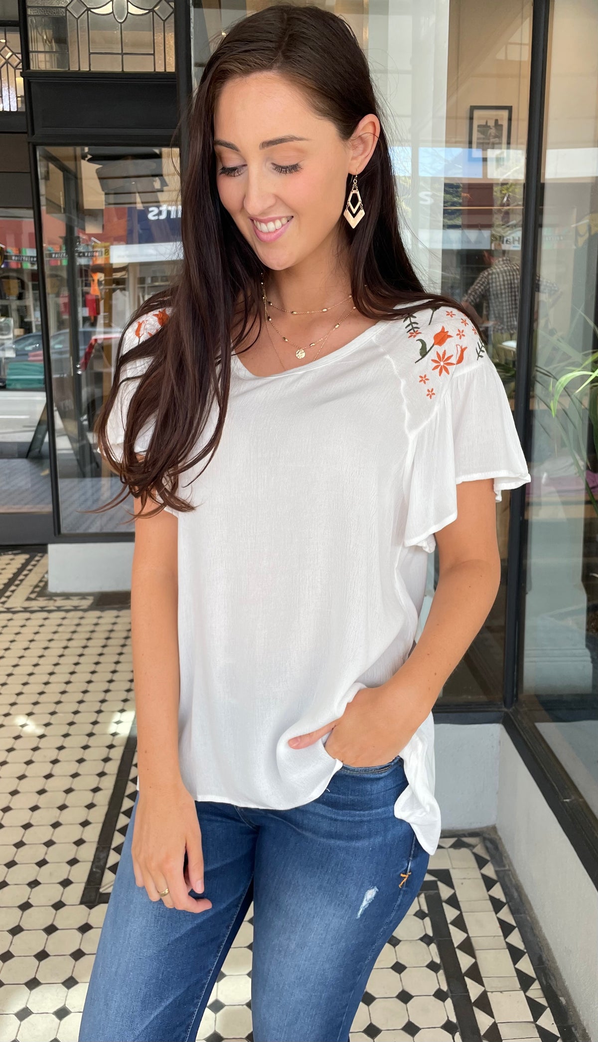 Tex Embroidered Flutter Sleeve Top Off White