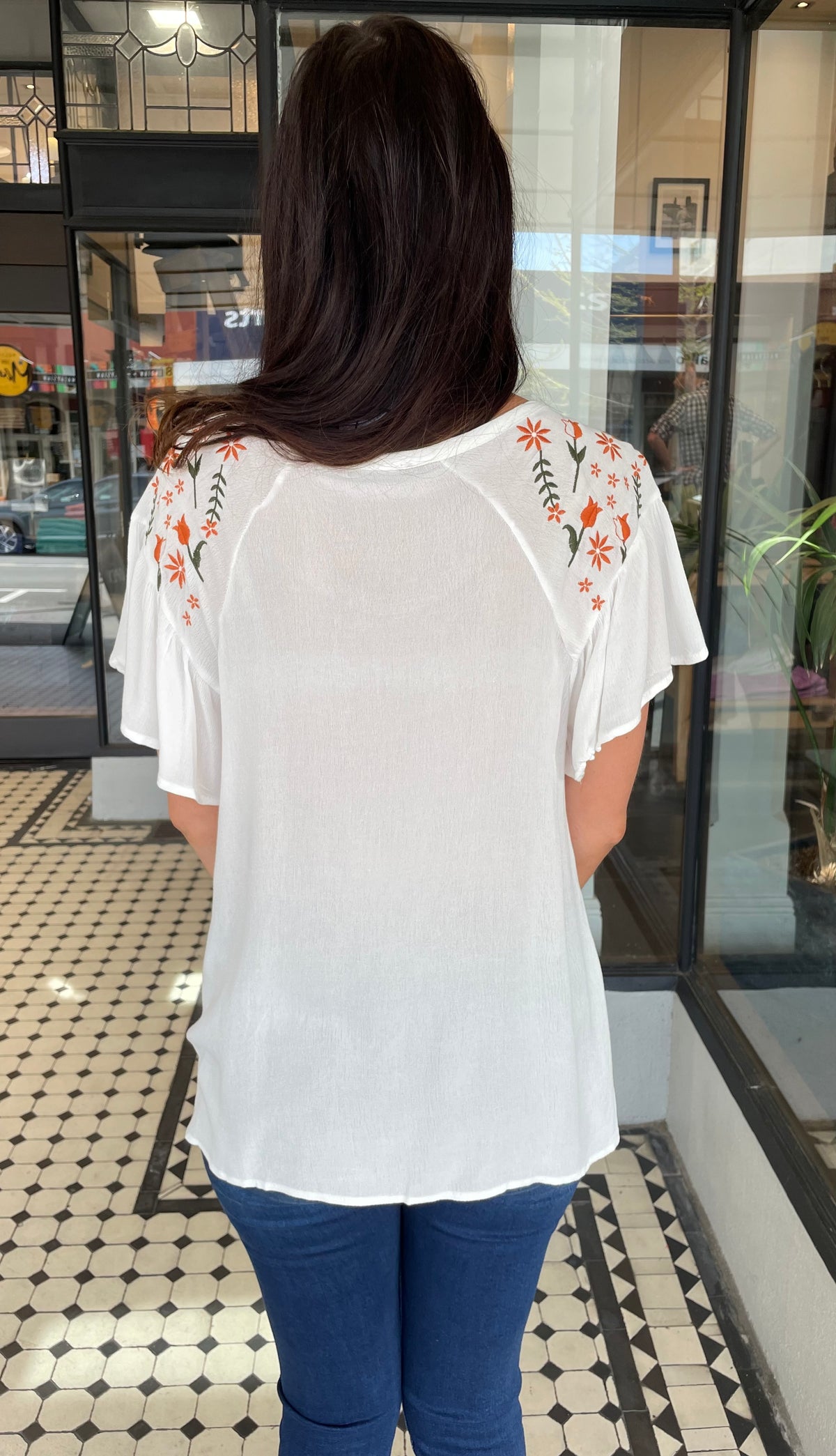 Tex Embroidered Flutter Sleeve Top Off White