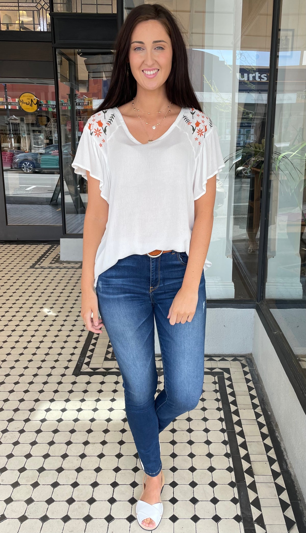Tex Embroidered Flutter Sleeve Top Off White