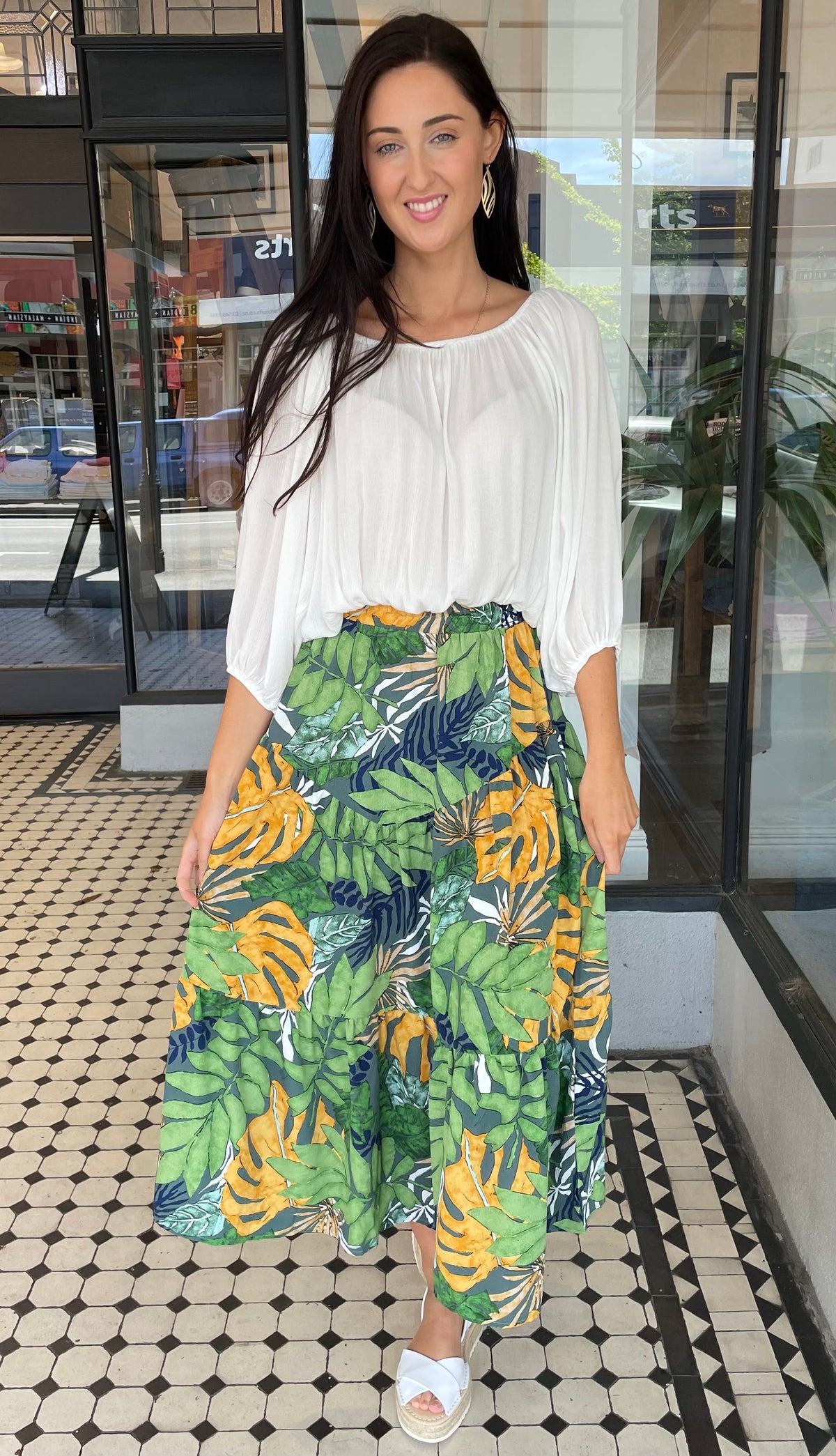 Tropics Leaf Print Midi Skirt