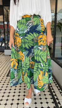 Tropics Leaf Print Midi Skirt