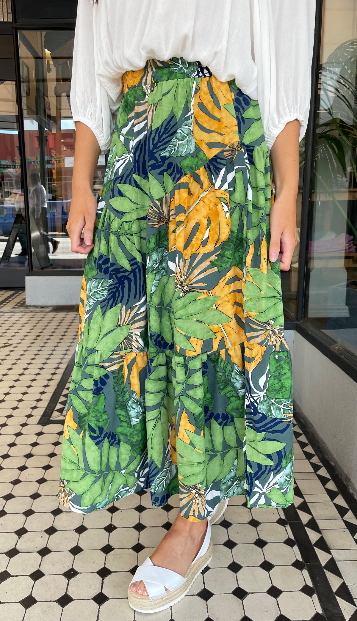 Tropics Leaf Print Midi Skirt