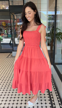 Piper Smocked Bodice Tiered Midi Dress Orange Coral