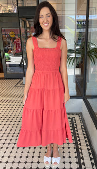 Piper Smocked Bodice Tiered Midi Dress Orange Coral