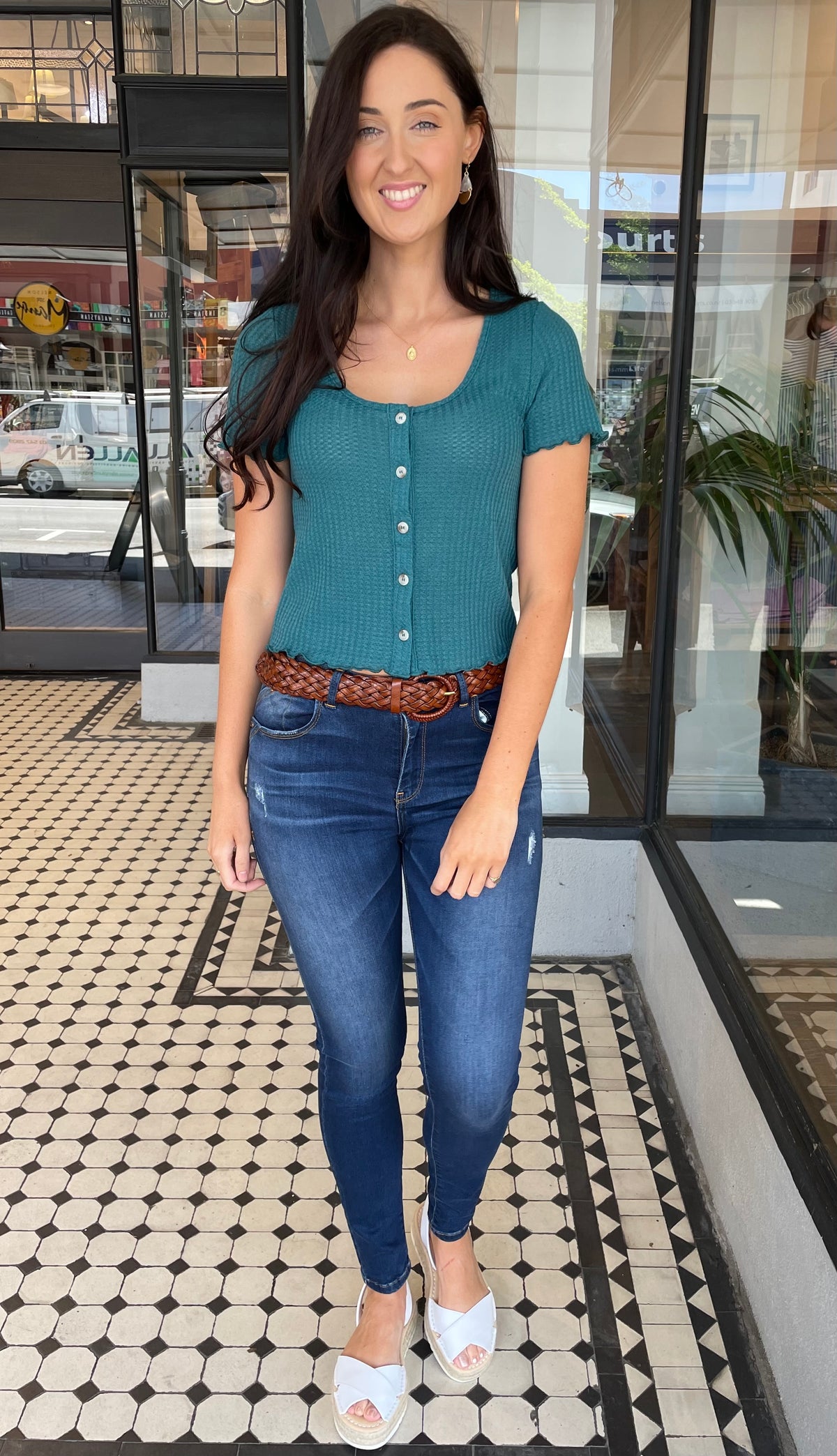 Camilla Cropped Button Down Top Dusty Teal