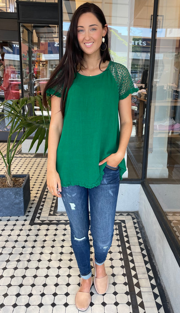 Clara Crochet Sleeve Top Kelly Green