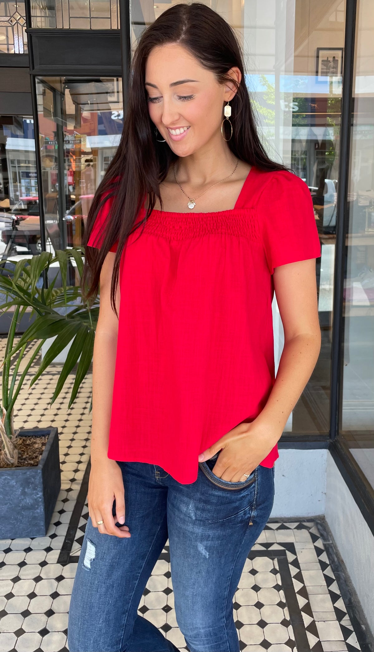 Lori Smocked Square Neck Top Poppy Red