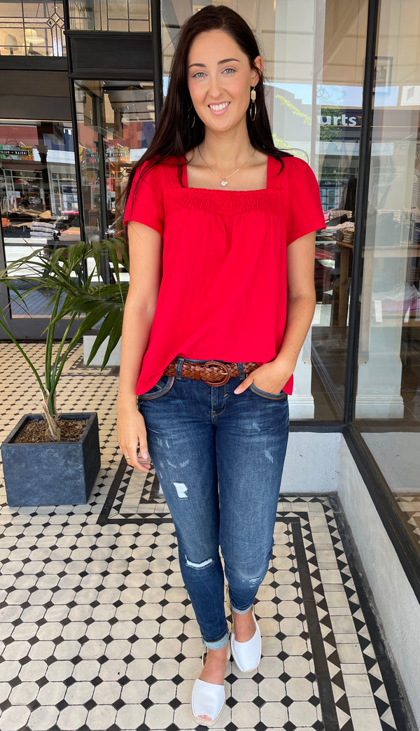 Lori Smocked Square Neck Top Poppy Red