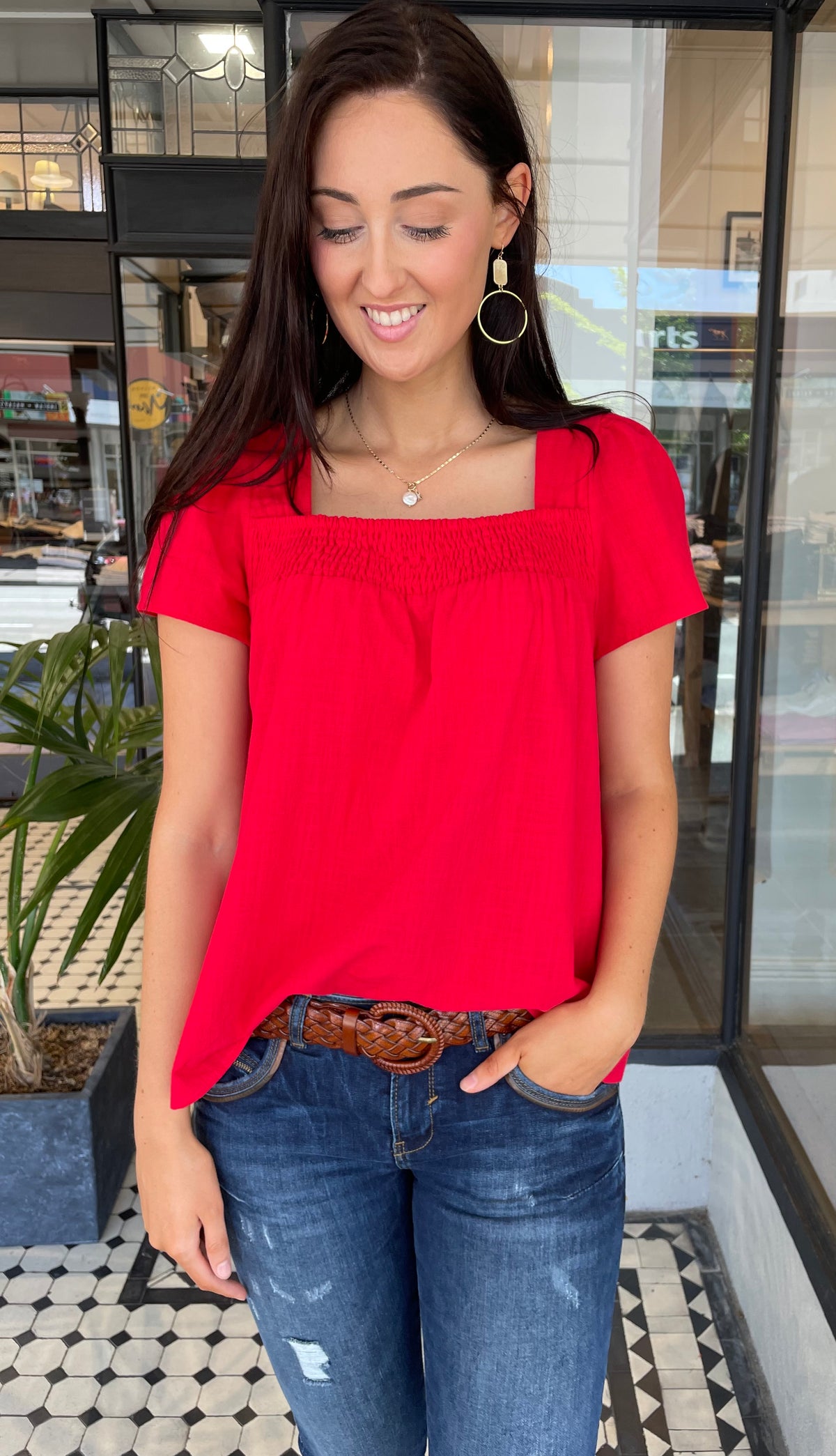 Lori Smocked Square Neck Top Poppy Red