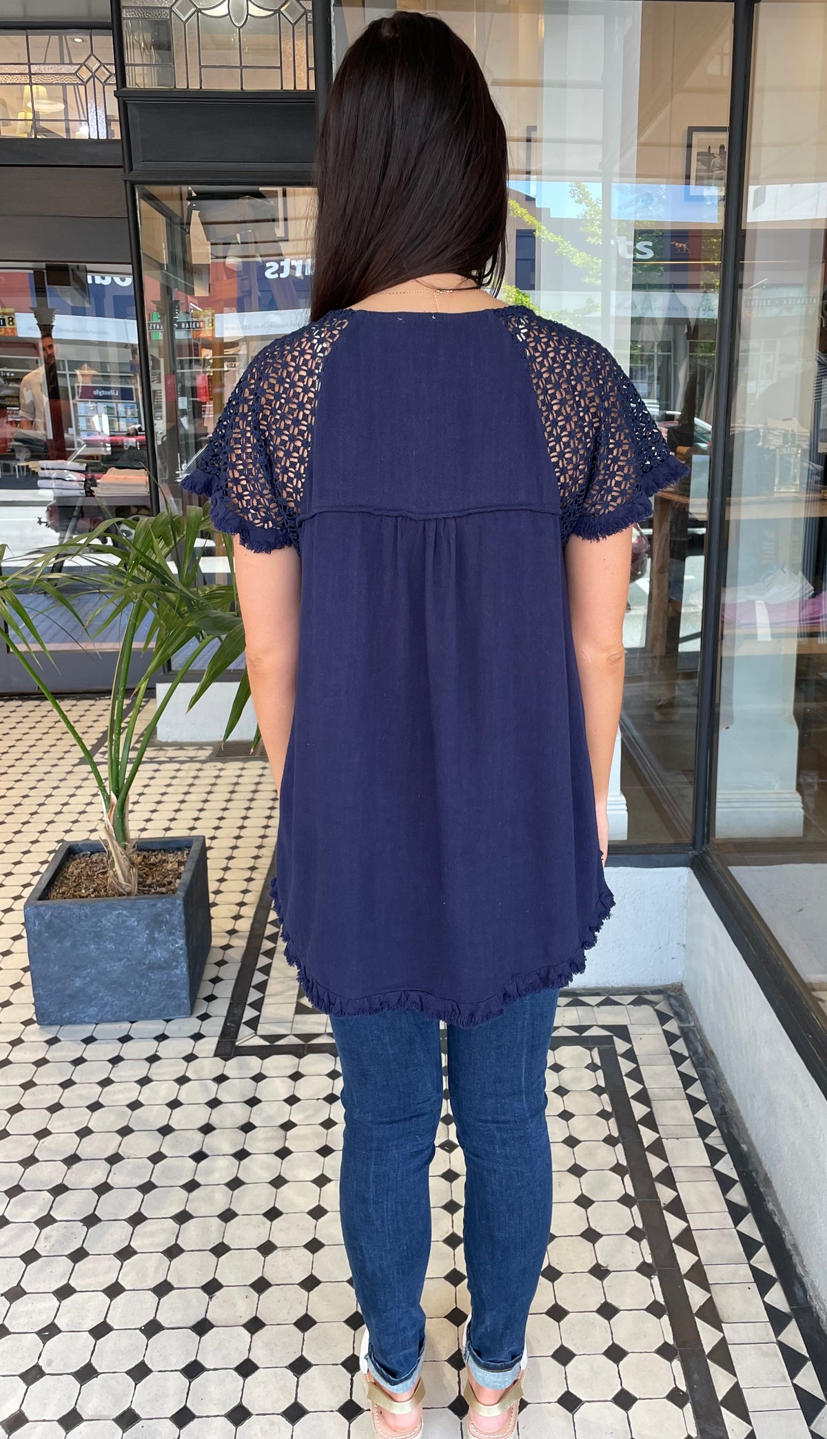 Clara Crochet Sleeve Top Navy