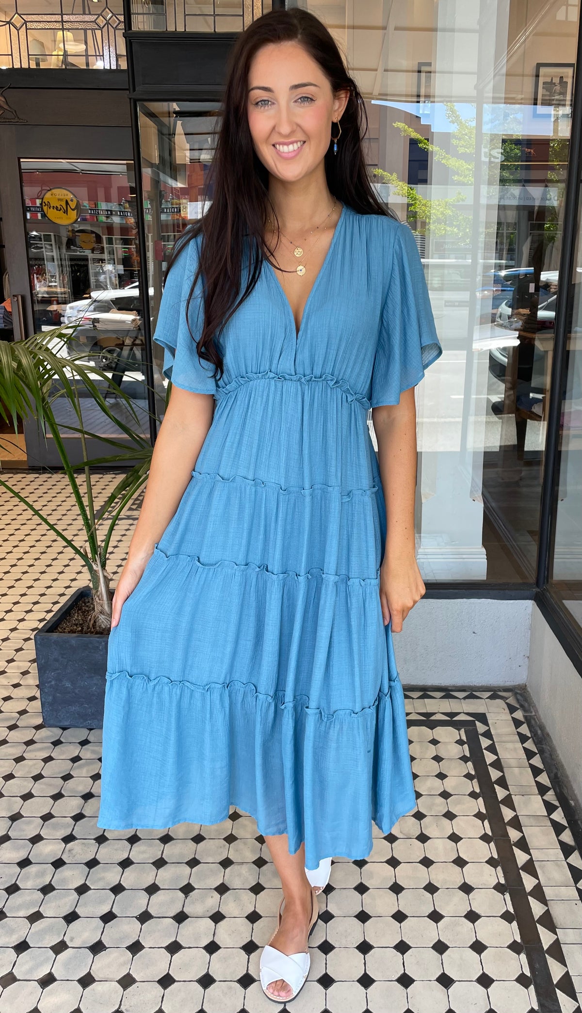 Val Textured Tiered Midi Dress Blue Aqua