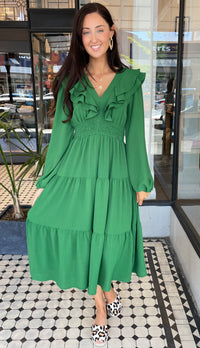 Valerie Double Ruffle Deep V Neck Dress Emerald