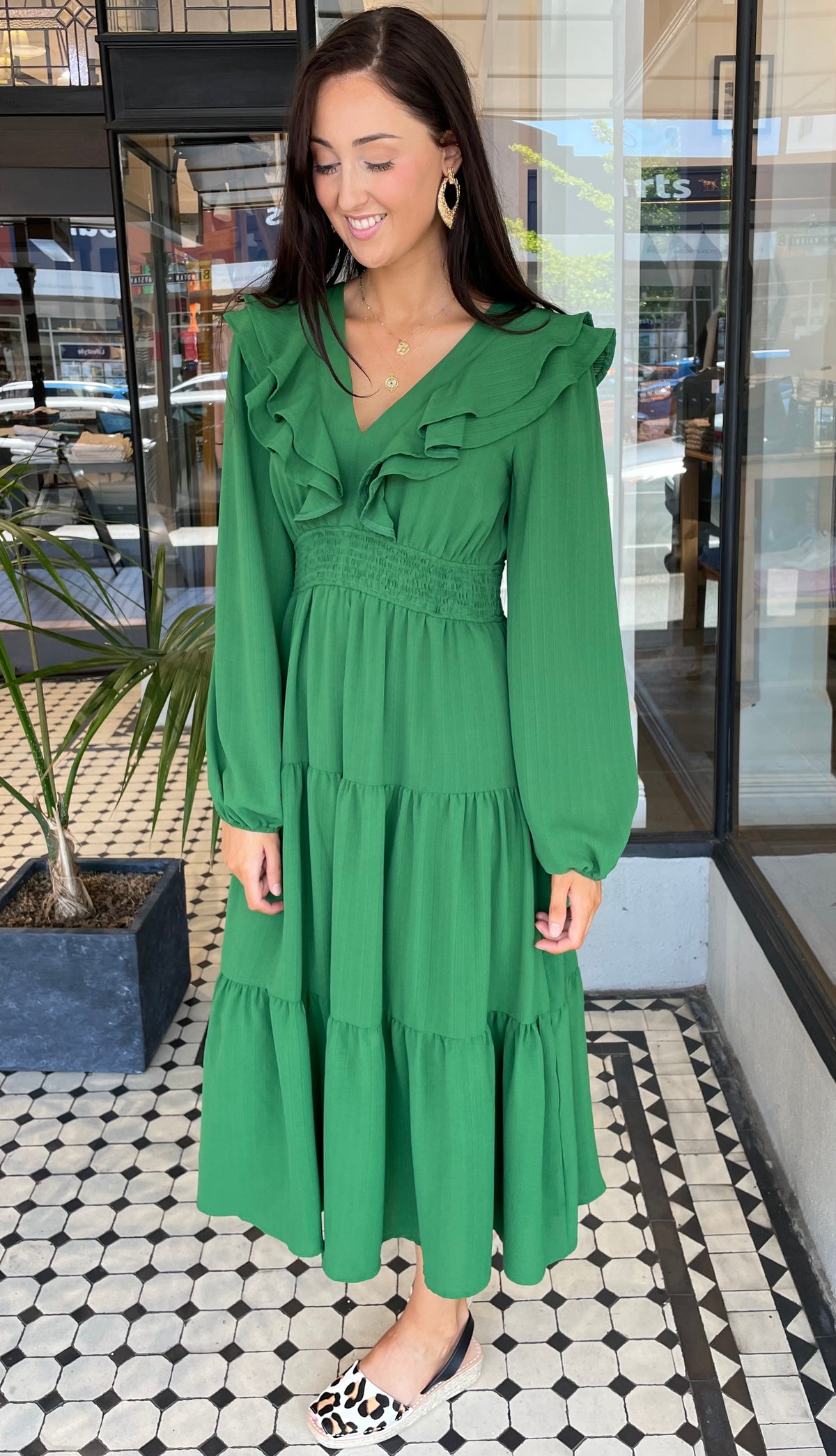 Valerie Double Ruffle Deep V Neck Dress Emerald