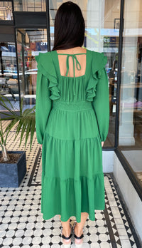 Valerie Double Ruffle Deep V Neck Dress Emerald