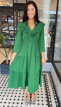 Valerie Double Ruffle Deep V Neck Dress Emerald