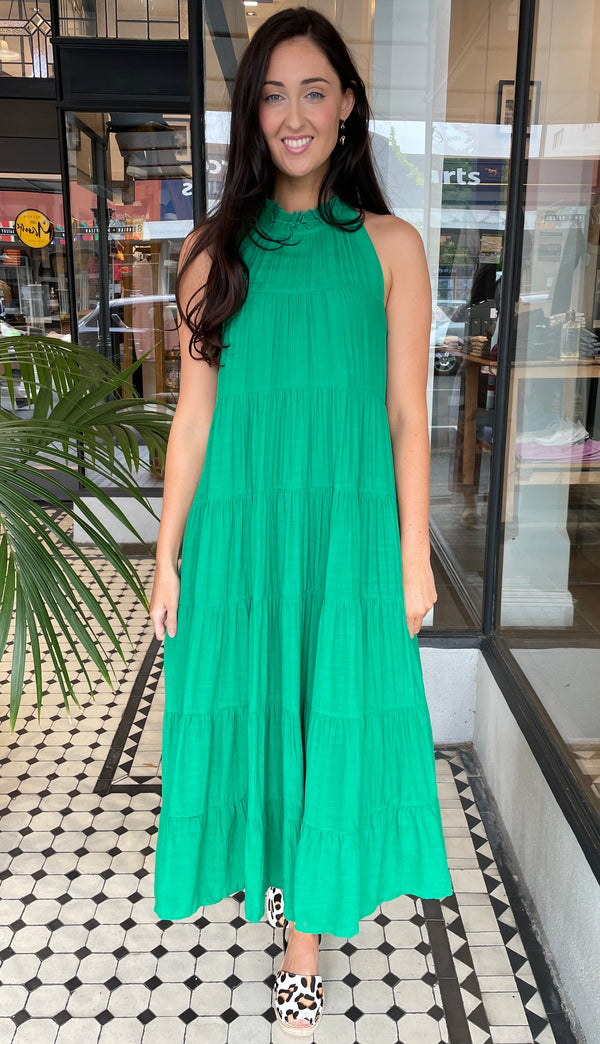 Juliette High Neck Tiered Maxi Dress Green (Restock in all sizes arriving Mid Sept 23)