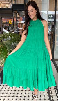 Juliette High Neck Tiered Maxi Dress Green (Restock in all sizes arriving Mid Sept 23)