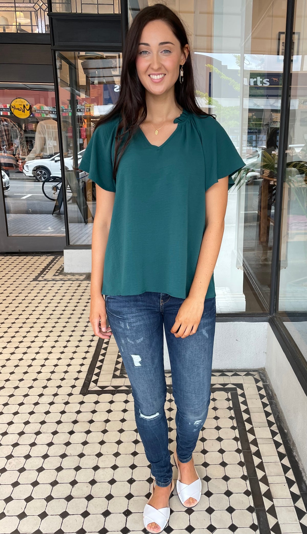 Lisa V Neck Flutter Sleeve Top Dark Green