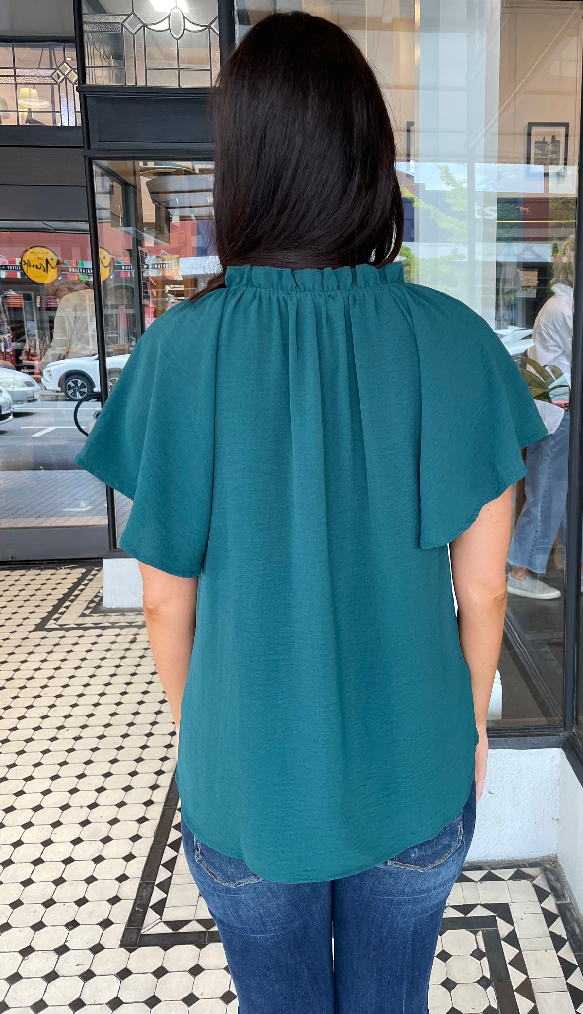 Lisa V Neck Flutter Sleeve Top Dark Green