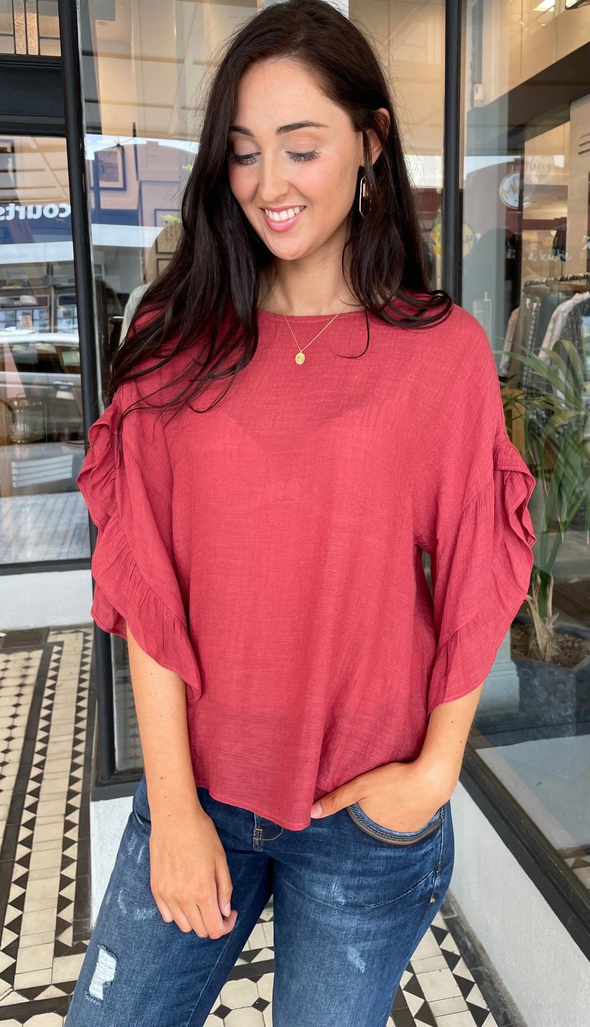 Alexa Ruffle Sleeve Top Cinnamon