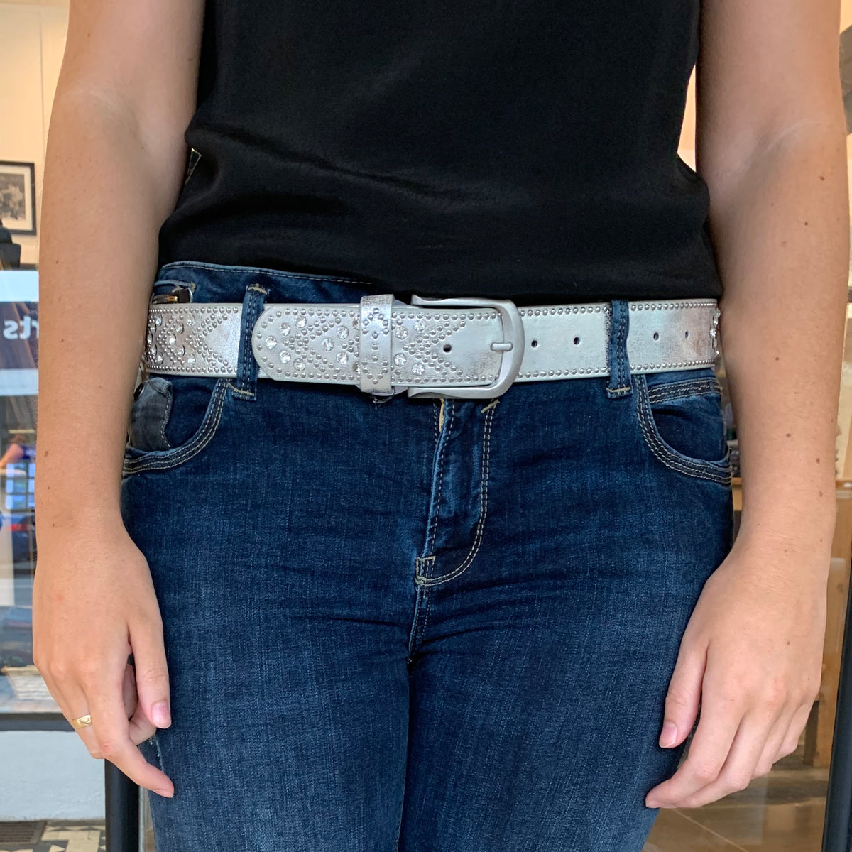 Rhinestone Studded Belt Silver