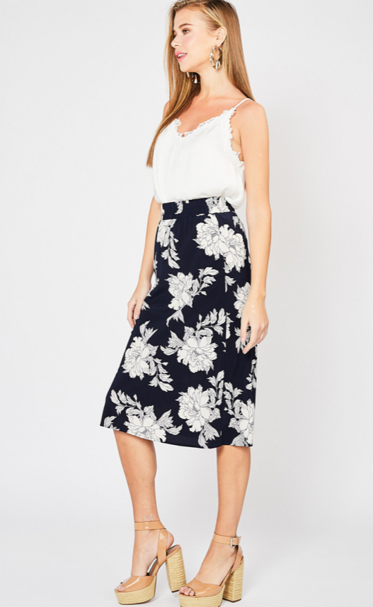 Margaret Floral Midi Skirt Navy