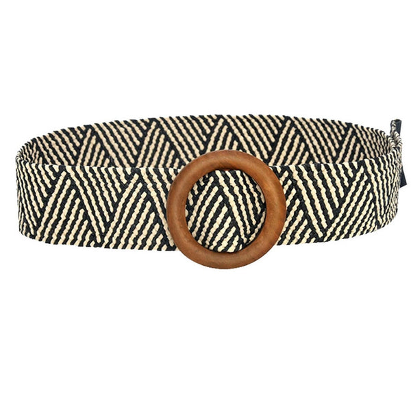 Belt016 Woven Belt Wood Circle Zig Zag