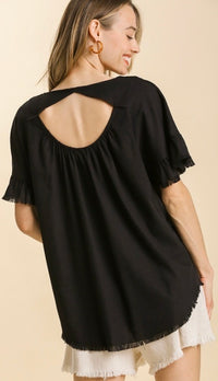 Jada Cut Out Back Linen Top Black