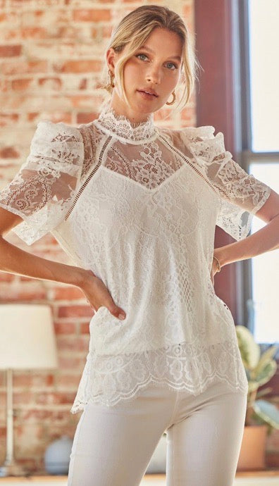 Loral High Neck Lace Top White