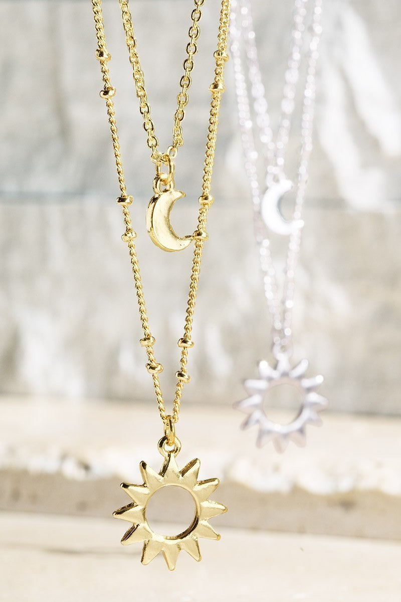 FMN150 Double Layer Sun Moon Necklace Silver