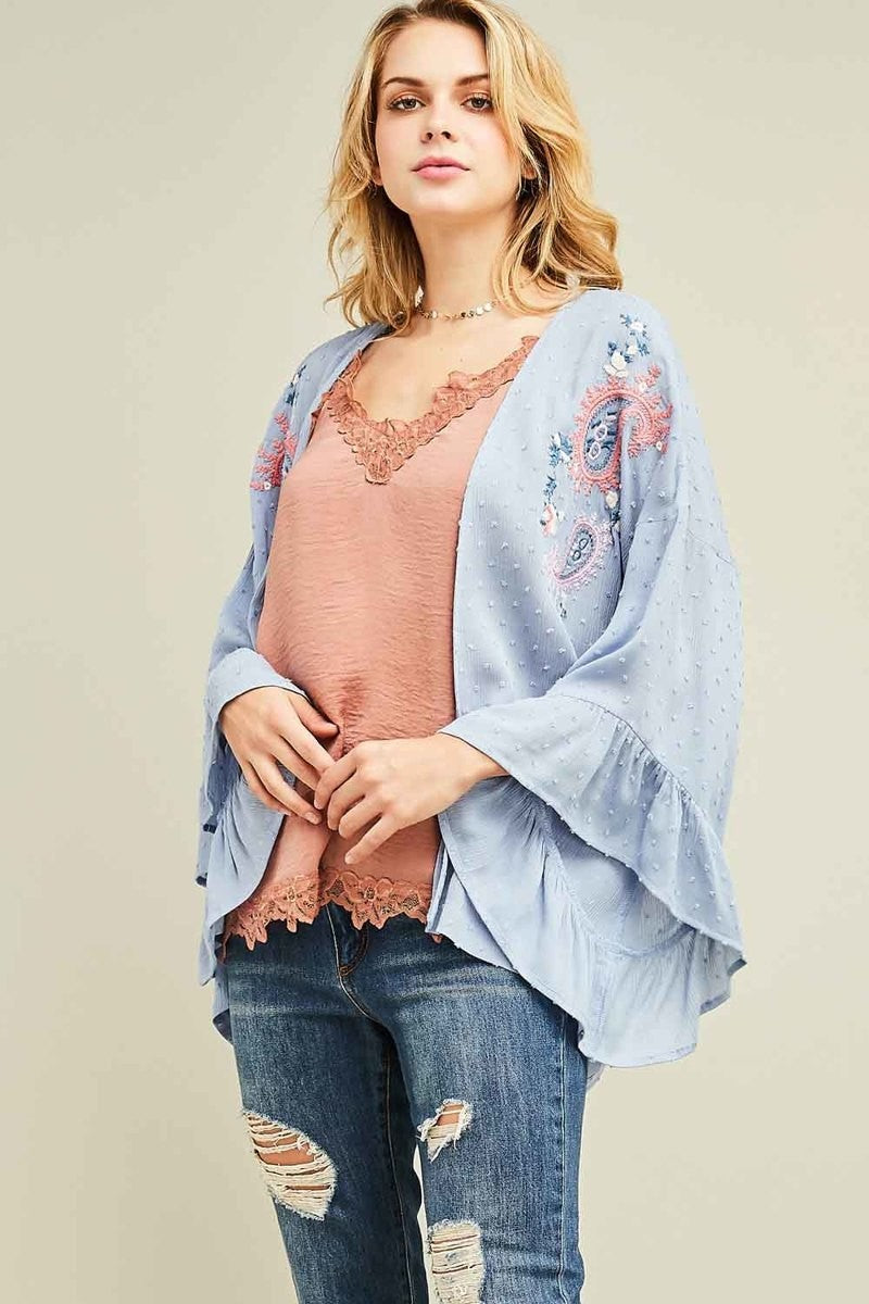 Ruffle Sleeve Embroidered Kimono Powder Blue