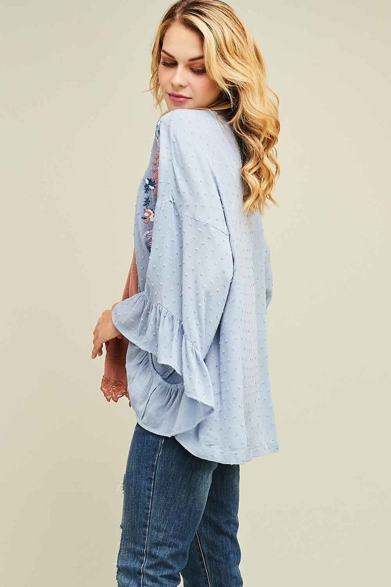 Ruffle Sleeve Embroidered Kimono Powder Blue