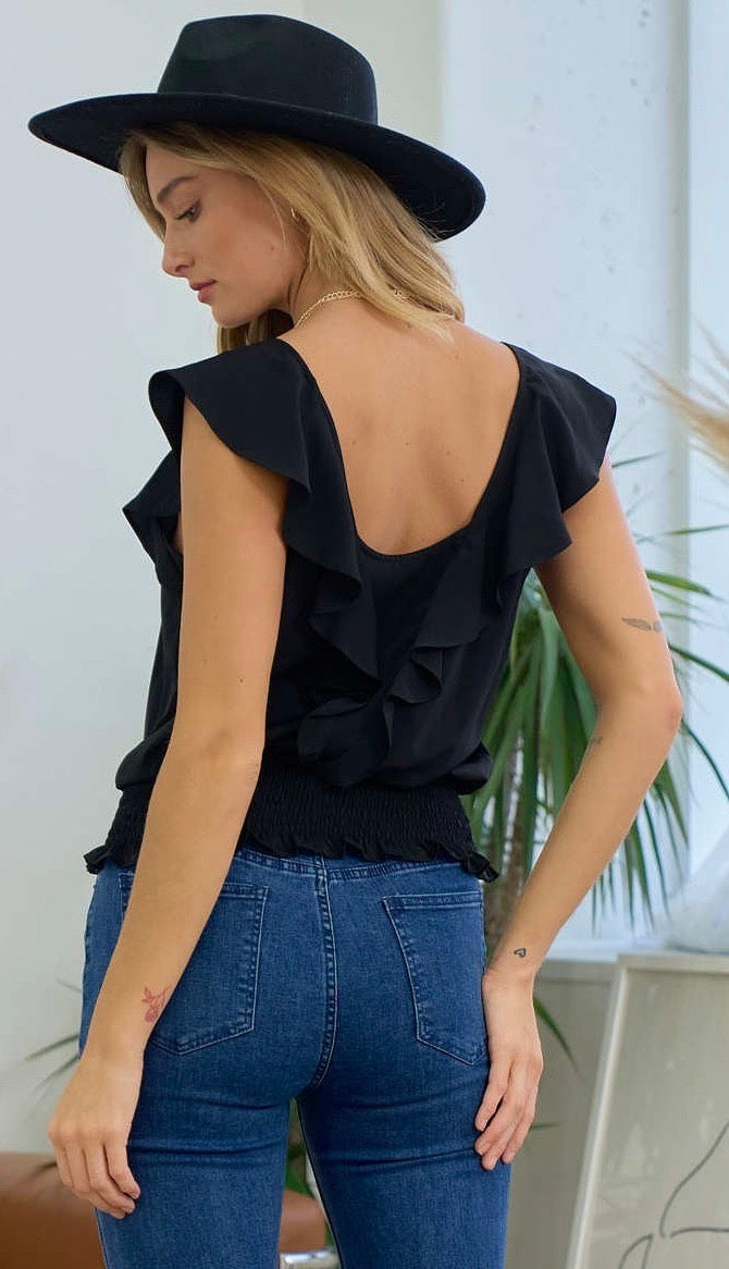 Byron V Neck Ruffle Top Black