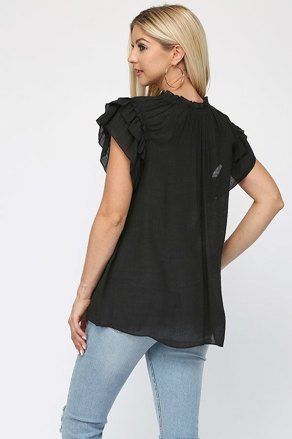 Ellie Layered Ruffle Sleeve Top Black